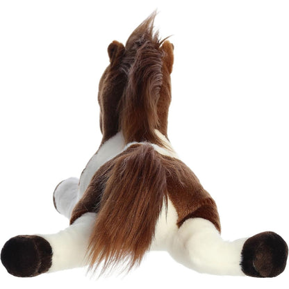 Direct back view of the horse plush highlighting its fluffy dark brown tail and back hooves.