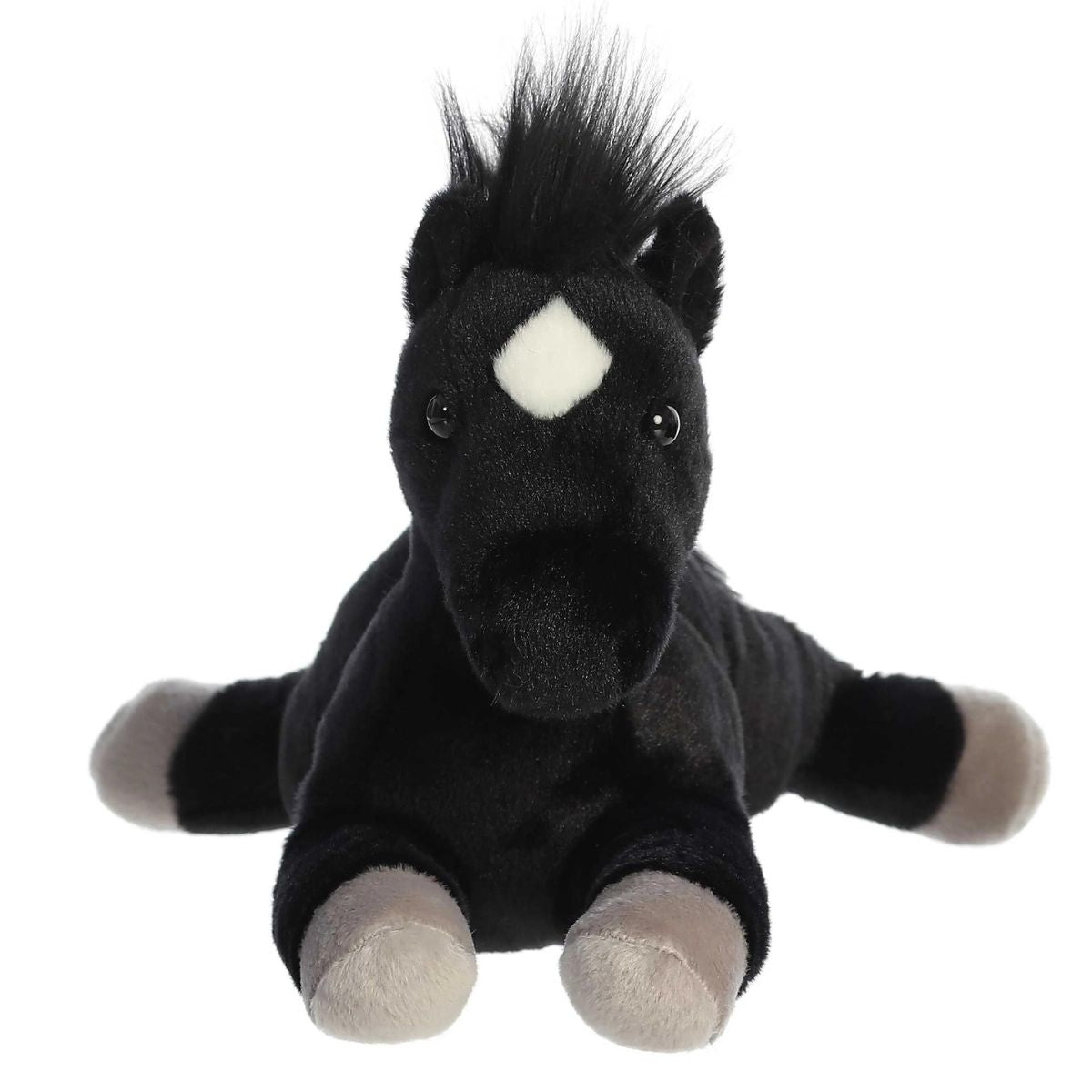 Straight front view of the black horse stuffed animal highlighting its sweet face, white star forehead marking, and light grey hooves.