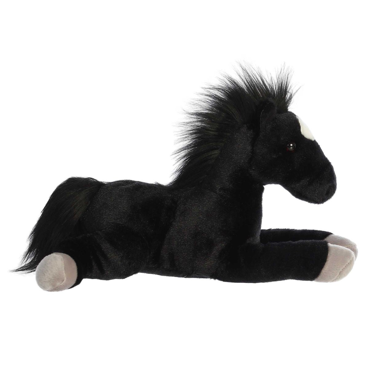 Side profile view of the black stallion plush showing its lounging posture, light grey hooves, and flowing black mane.