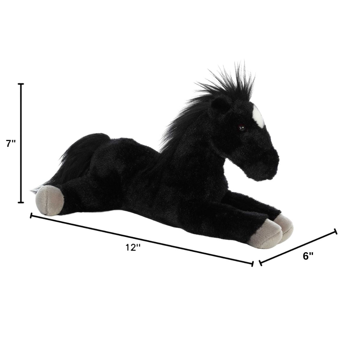 Angled side profile of the Aurora Flopsie black horse plush with dimension lines indicating its 12-inch length.