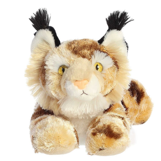 Straight front view of the bobcat stuffed animal highlighting its fluffy white cheeks, golden eyes, and black-tufted ears.