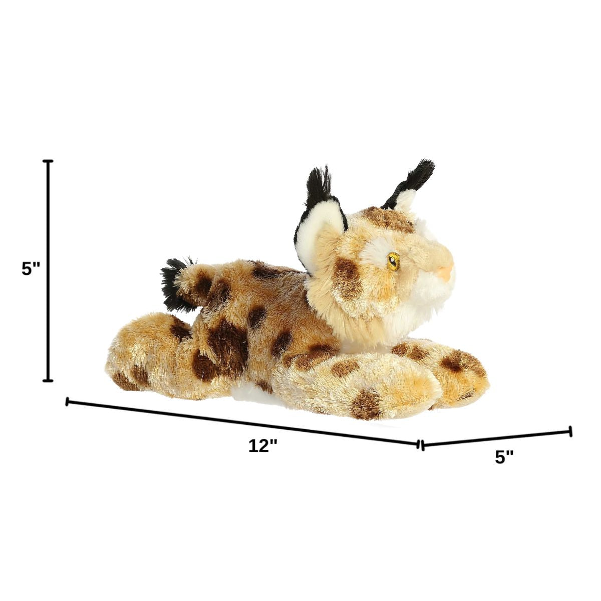 Angled side profile of the Aurora Flopsie bobcat plush with dimension lines indicating its 12-inch length.