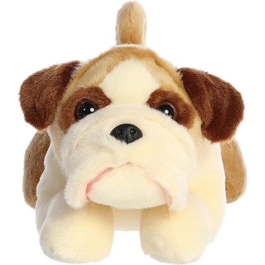 Straight front view of the English Bulldog stuffed animal highlighting its wrinkly face, jowls, and dark brown ears.