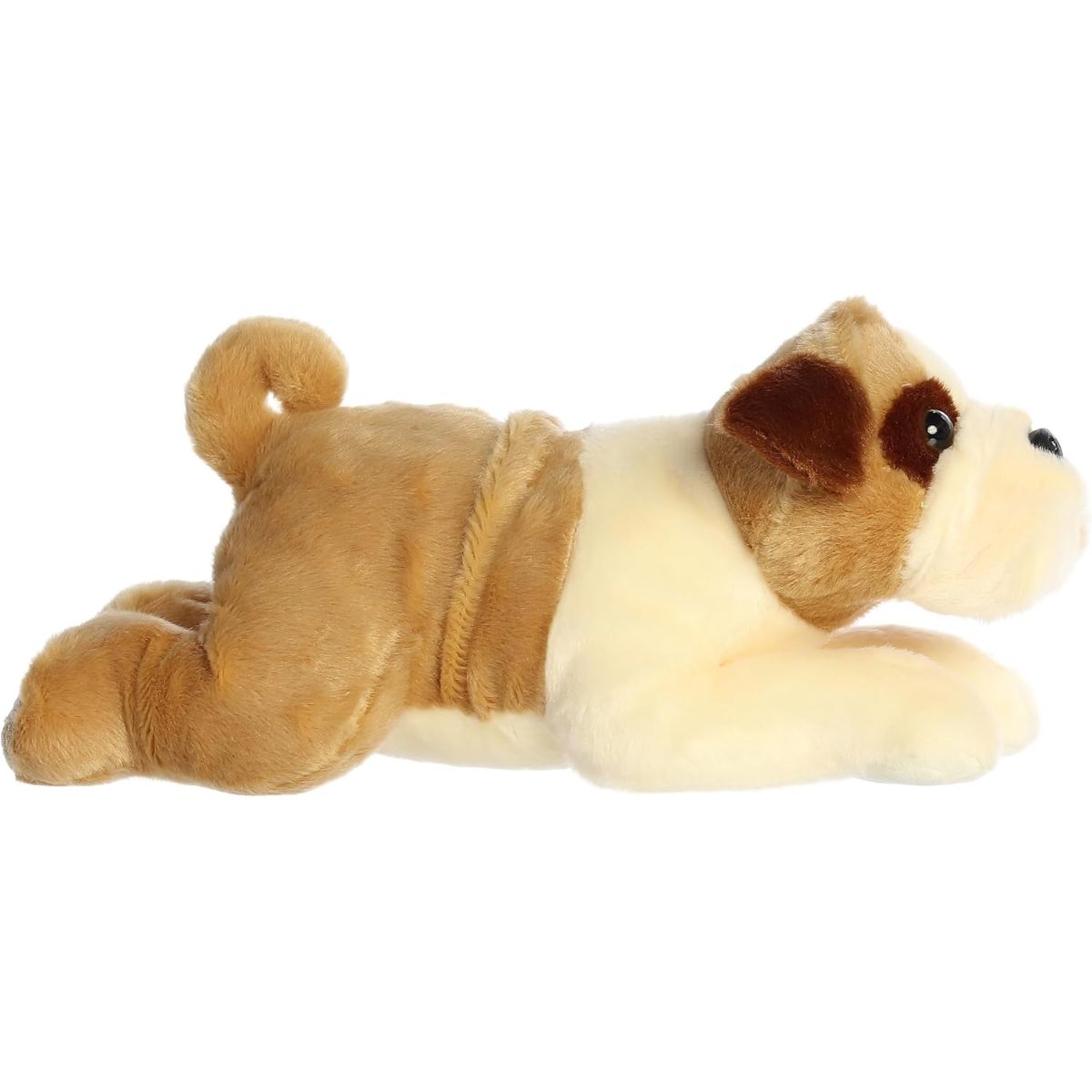 Side profile view of the Willis Bulldog plush showing its stout lounging posture and curly tail.