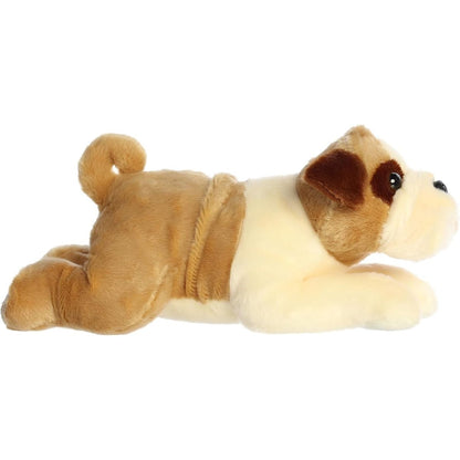 Side profile view of the Willis Bulldog plush showing its stout lounging posture and curly tail.