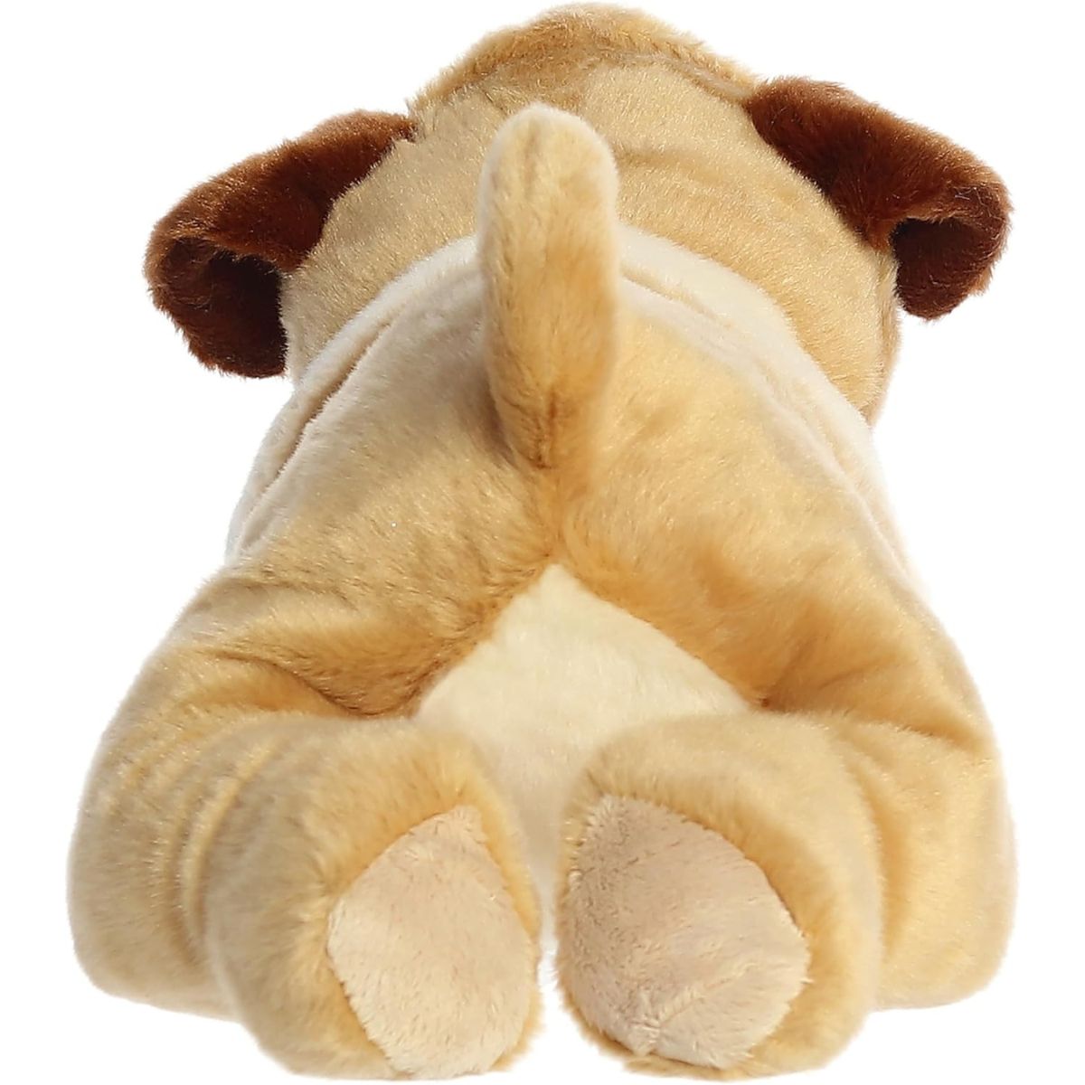Rear view of the Bulldog plush showing its tan back, curly tail, and large white back paws.