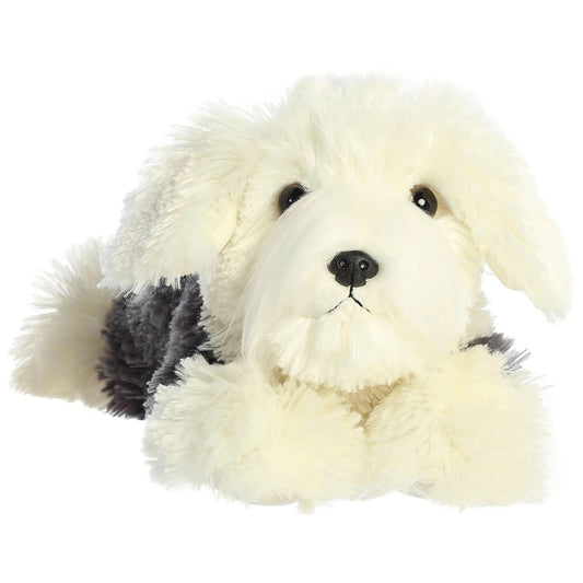 Straight front view of the Edwin Sheepdog stuffed animal highlighting its sweet face, shaggy cream-colored head, and black nose.