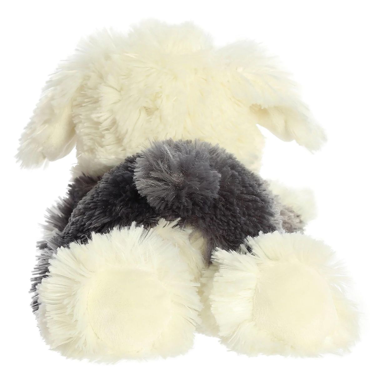 Rear view of the Sheepdog plush showing its fluffy grey back and large cream-colored back paws.