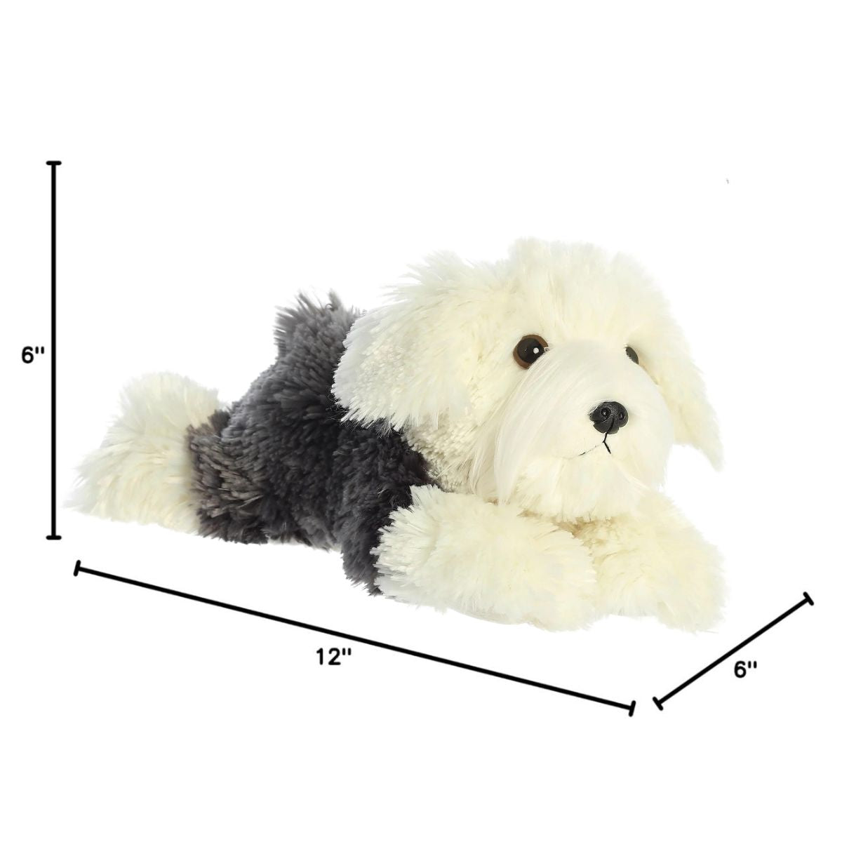 Angled side profile of the Aurora Flopsie sheepdog plush with dimension lines indicating its 12-inch length.