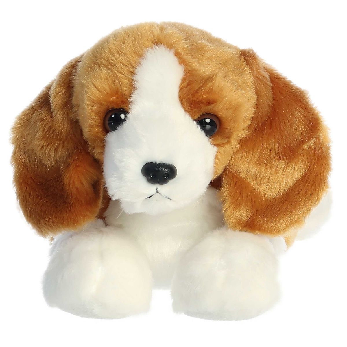 Straight front view of the Beagle dog stuffed animal highlighting its sweet face, long tan floppy ears, and white muzzle.