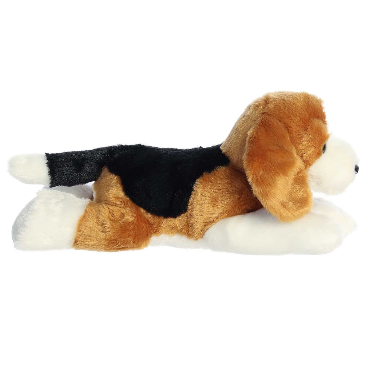 Full side view of the Buddy Beagle plush showing its long body, white legs, and white-tipped tail.