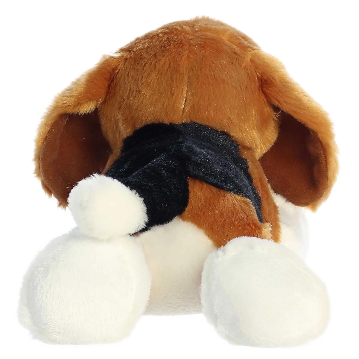 Rear view of the Beagle plush showing its black back, white tail tip, and large white back paws.