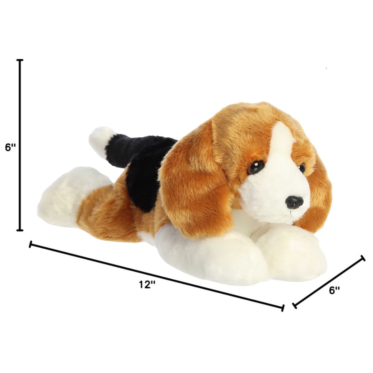 Angled side profile of the Aurora Flopsie Beagle dog plush with dimension lines indicating its 12-inch length.