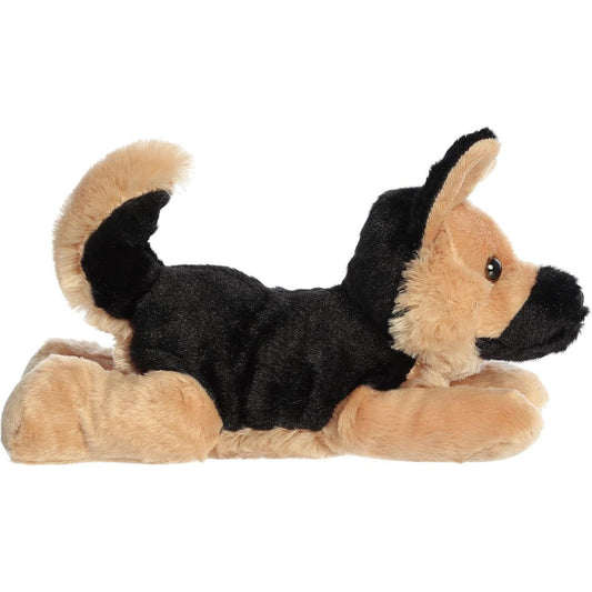 Full side profile view of the German Shepherd dog stuffed animal highlighting its lounging posture and black saddle marking.