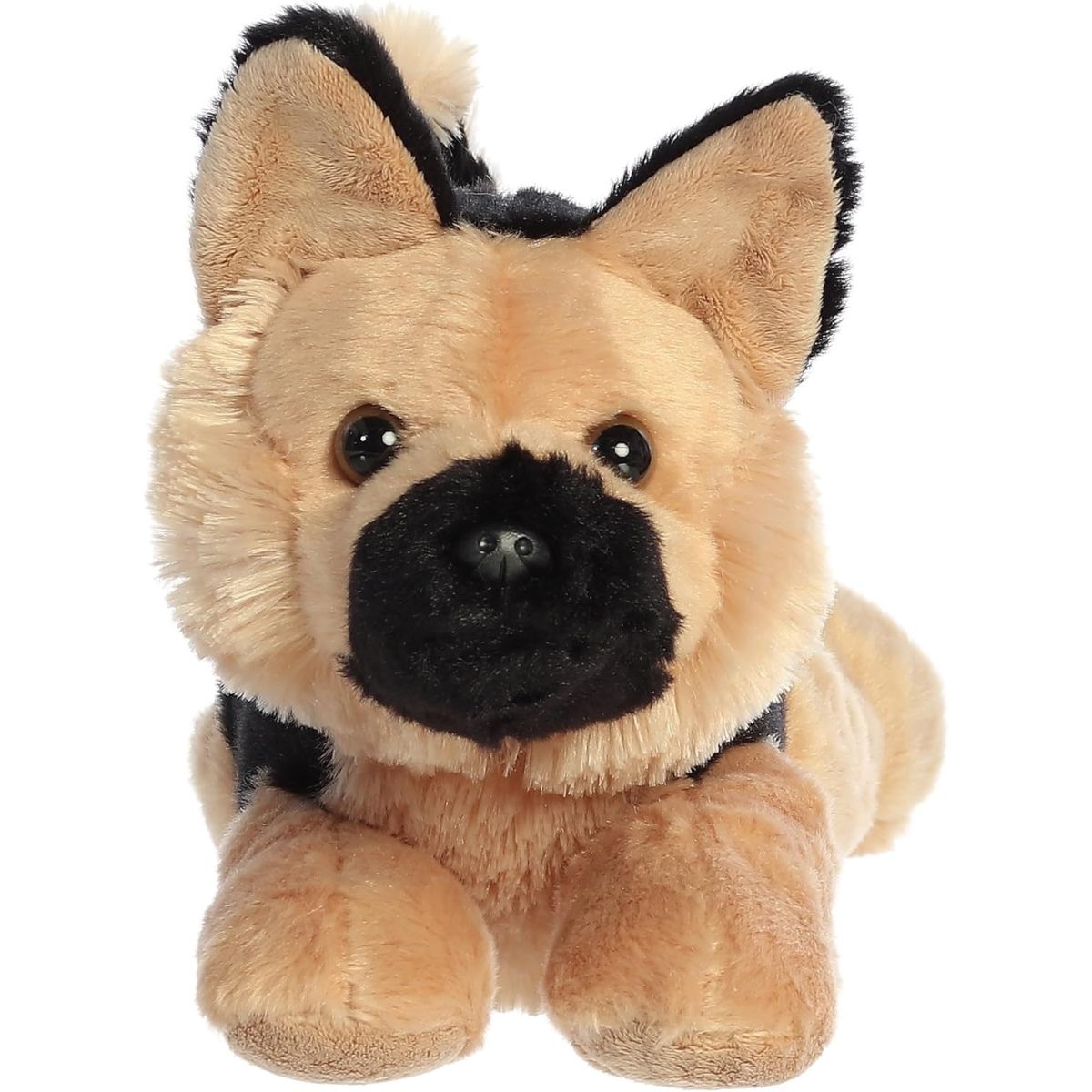 Straight front view of the Bismarck German Shepherd plush highlighting its sweet face, upright ears, and black muzzle.