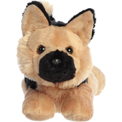 Straight front view of the Bismarck German Shepherd plush highlighting its sweet face, upright ears, and black muzzle.
