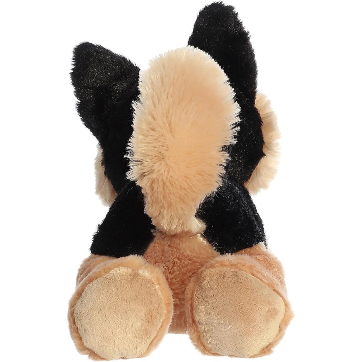 Rear view of the German Shepherd plush showing its tan ears, black back, and large tan back paws.