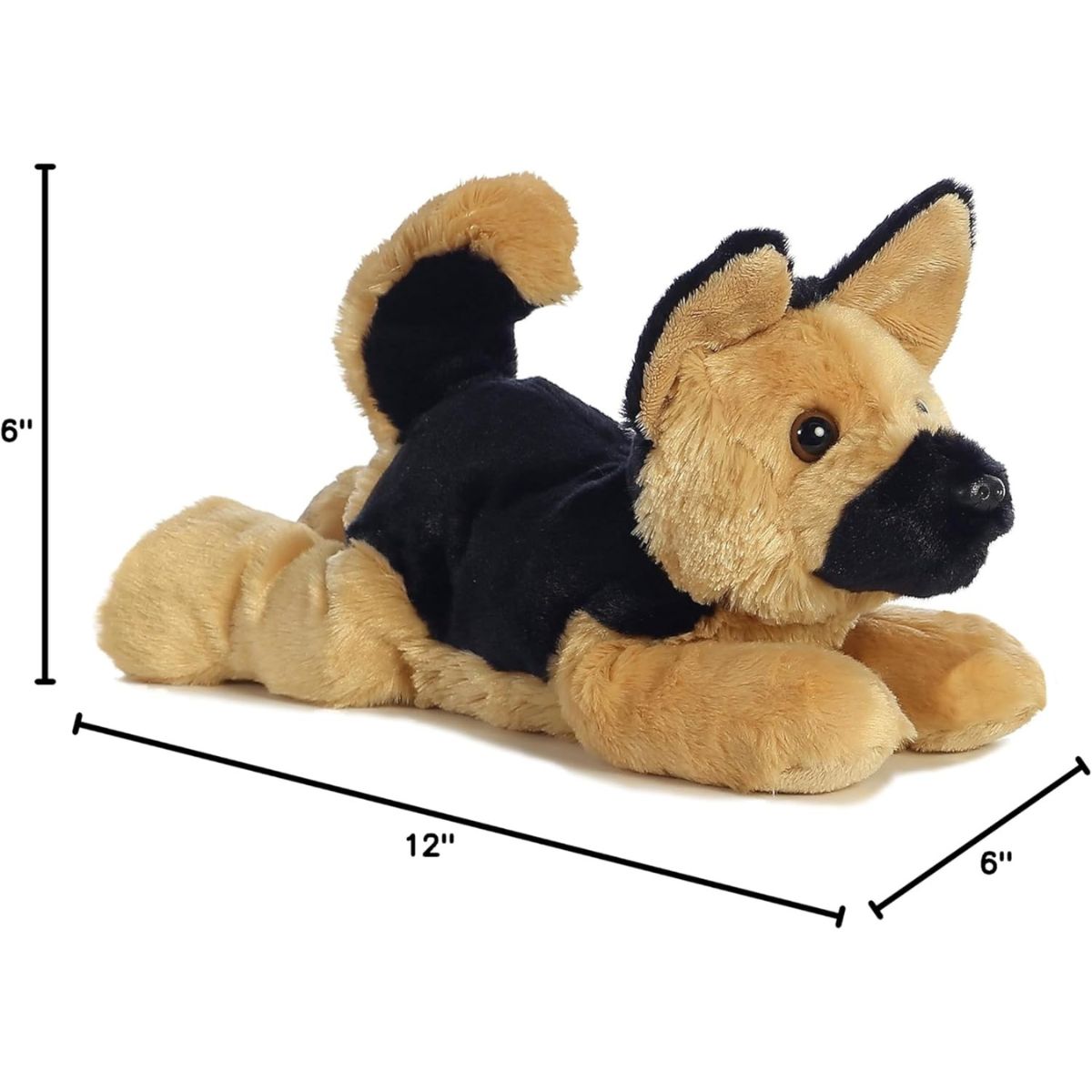 Angled side profile of the Aurora Flopsie German Shepherd dog plush with dimension lines indicating its 12-inch length.