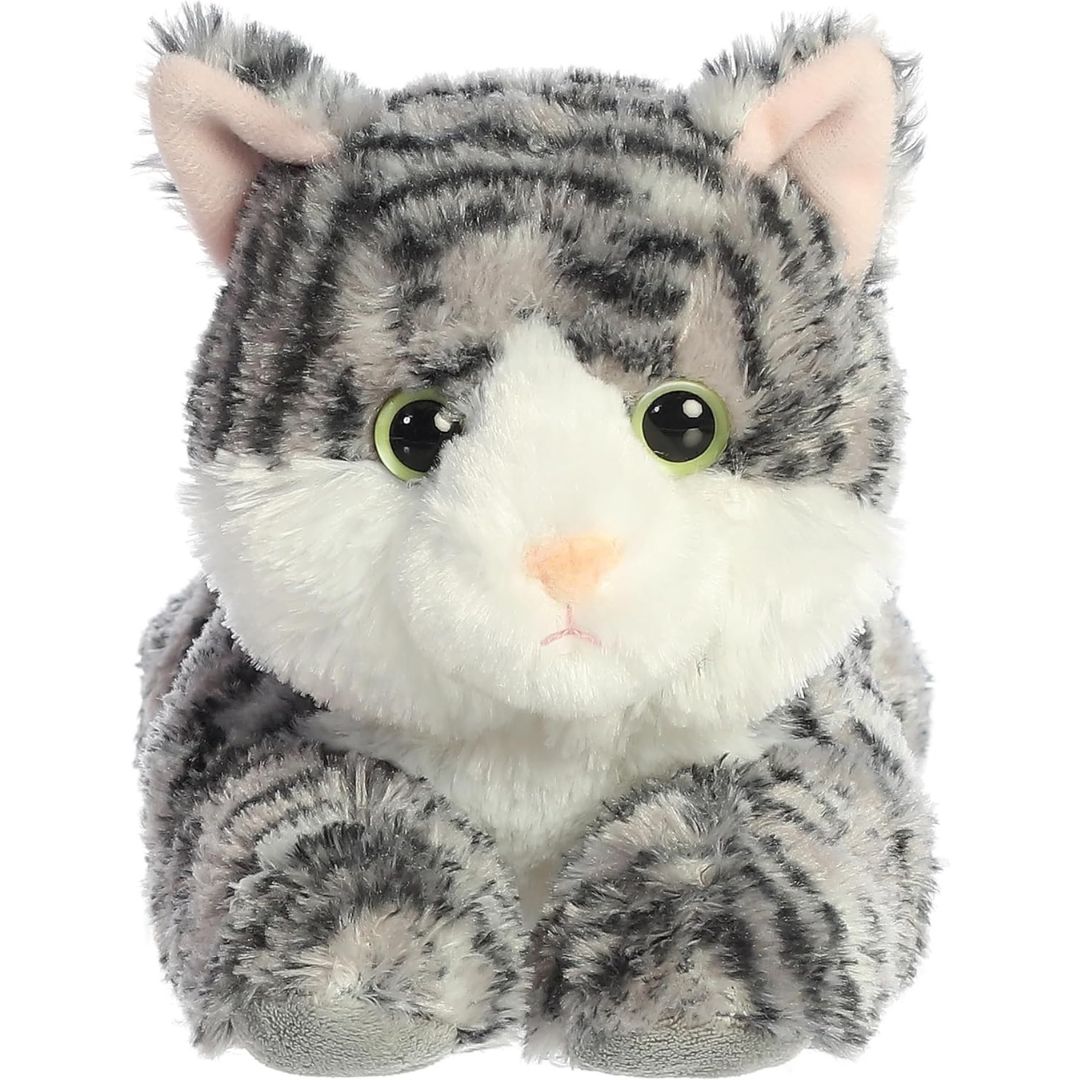 Straight-on front view of the soft silver tabby cat plush showing her white muzzle, pink nose, and bright eyes.