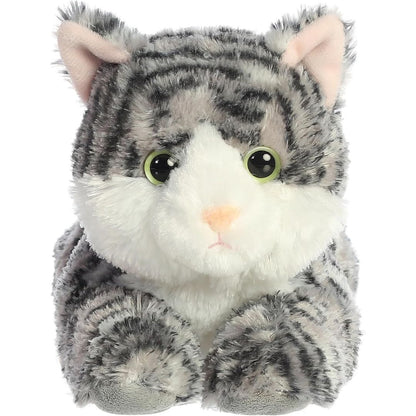 Straight-on front view of the soft silver tabby cat plush showing her white muzzle, pink nose, and bright eyes.