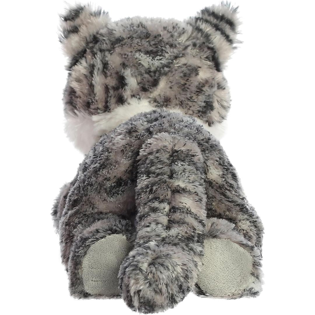 Direct back view of the silver tabby cat plush highlighting her striped tail and back paws.