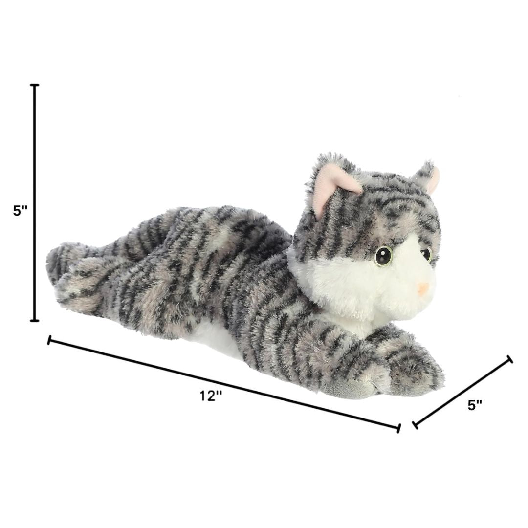 Angled side profile of the Lily Silver Tabby Cat plush resting on her tummy with measurement graphics indicating she is 12 inches long.
