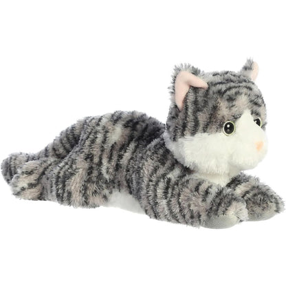 Angled front view of the 12-inch Aurora Flopsie Lily Silver Tabby Cat stuffed animal lying down, showing her grey striped fur and white paws.