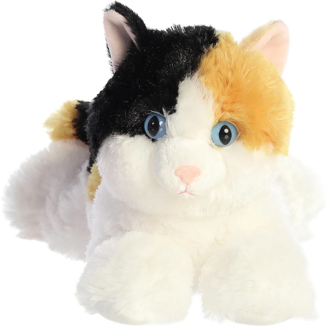 Straight-on front view of the cuddly Esmeralda cat stuffed animal showing her blue eyes and pink nose.