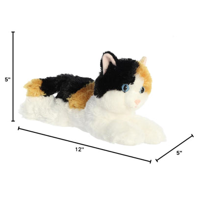 Angled side profile of the Esmeralda Calico Cat plush resting on her tummy with measurement graphics indicating she is 12 inches long, 5 inches tall, and 5 inches wide.