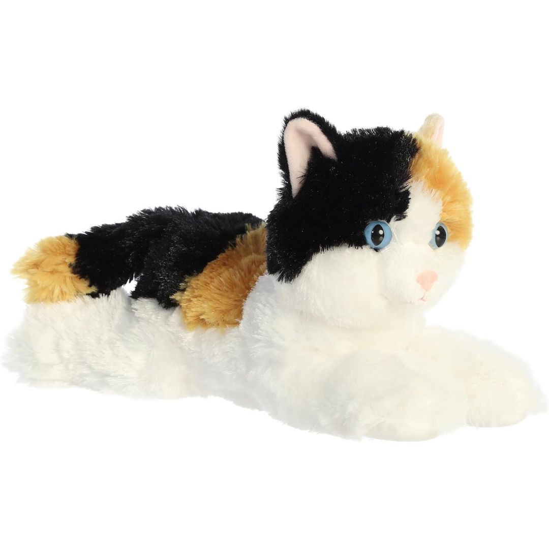 Angled front view of the 12-inch Aurora Flopsie Esmeralda Calico Cat stuffed animal lying down, showing her white, black, and orange fur.