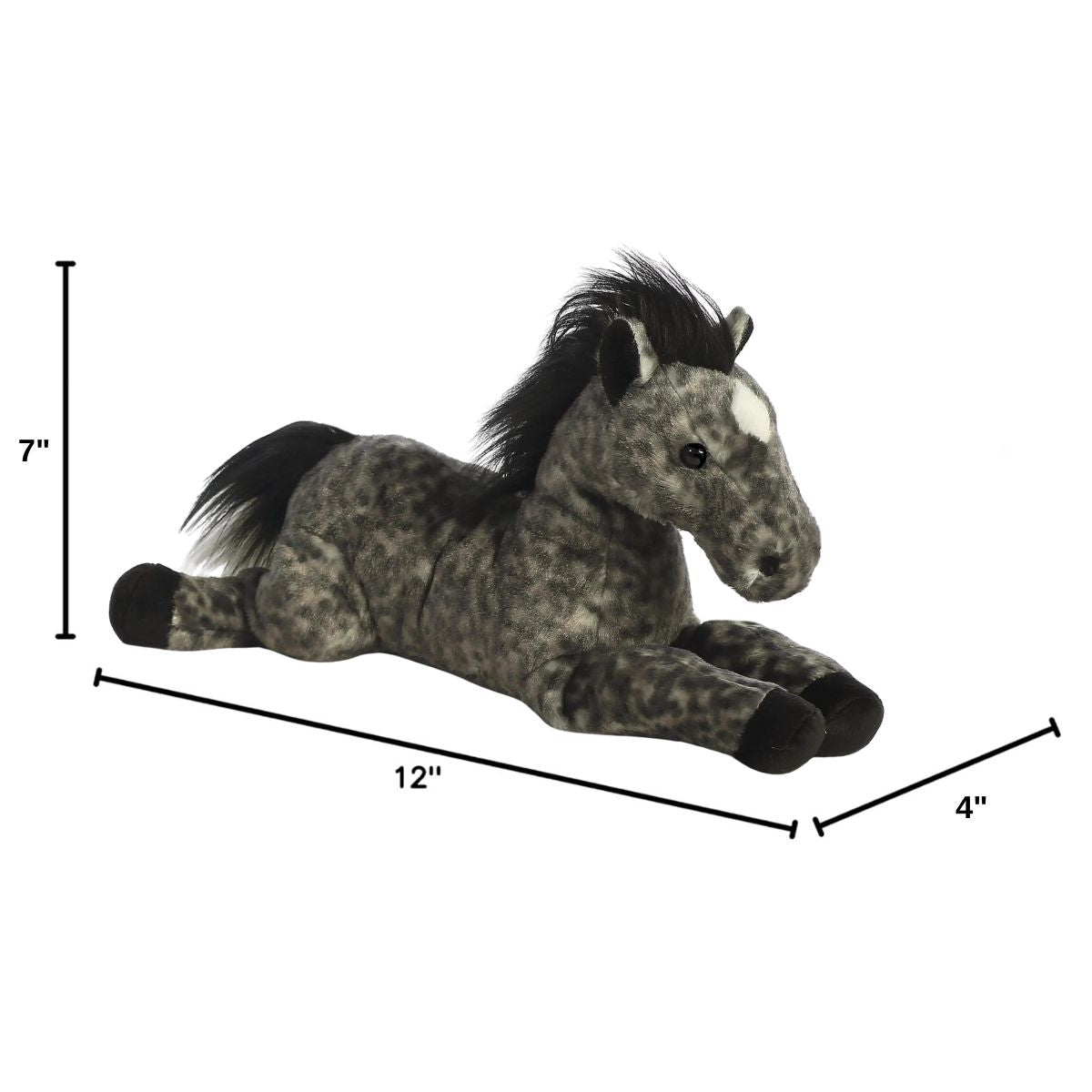 Angled side profile of the Aurora Flopsie grey horse plush with dimension lines indicating its 12-inch length.