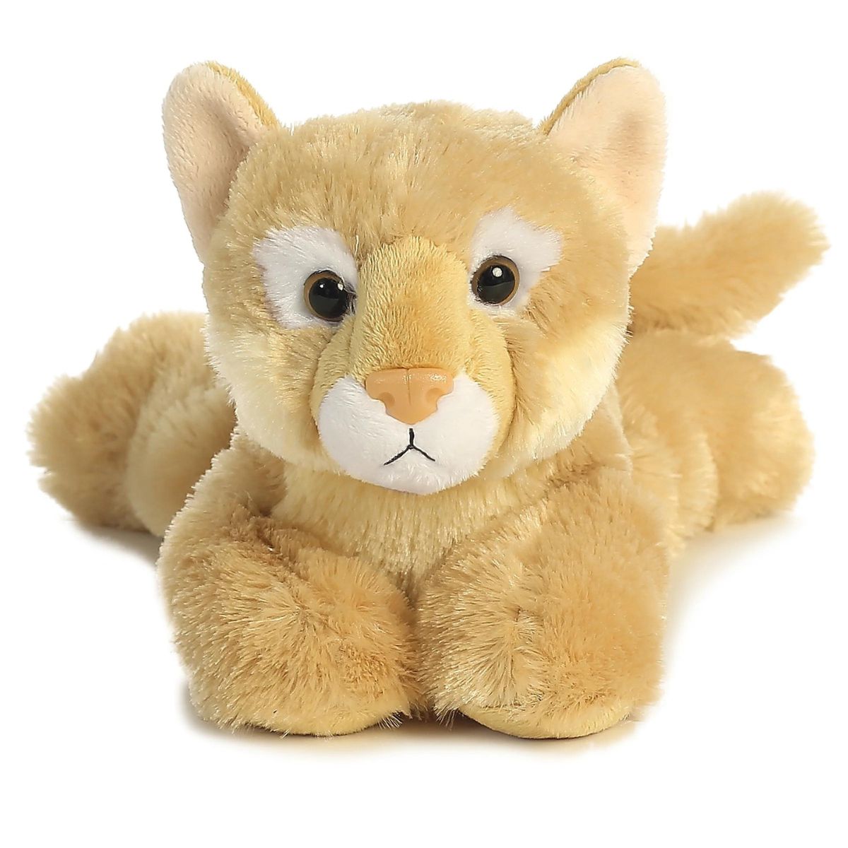 Straight front view of the cougar stuffed animal highlighting its sweet face, white muzzle, pink nose, and floppy front paws.