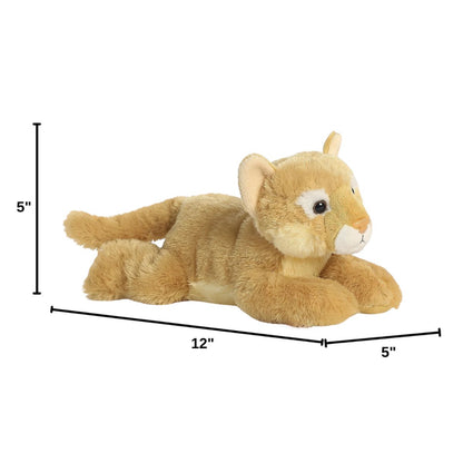 Side profile of the Aurora Flopsie cougar plush with dimension lines indicating its 12-inch length and height.