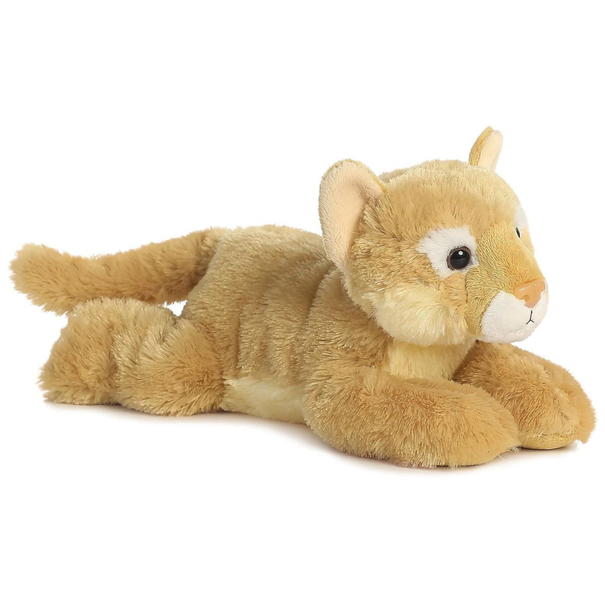 Angled front view of the Aurora Flopsie Cougar 12-inch plush resting on its belly, featuring soft golden-tan fur and white facial accents.