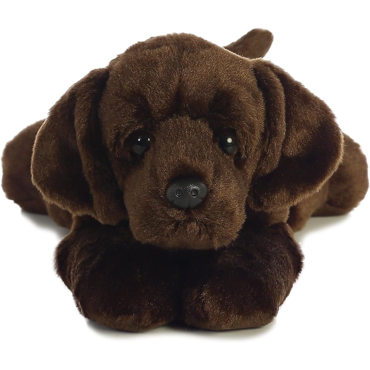 Straight-on front view of the soft Chocolate Lab plush showing his face, floppy ears, and black nose.