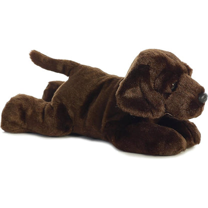 Side profile view of the cuddly Max dog stuffed animal resting comfortably on his tummy.
