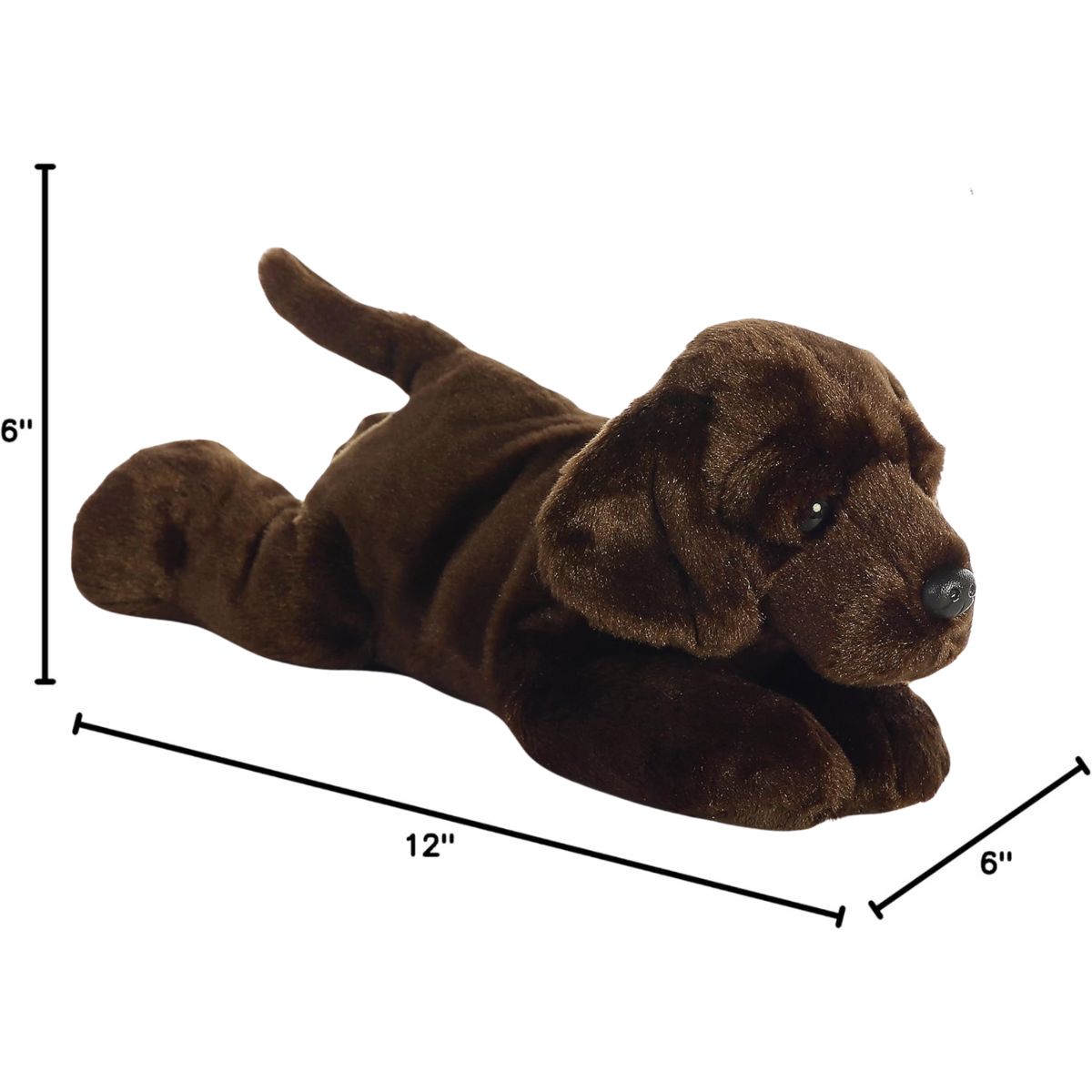 Angled side profile of the Chocolate Lab plush resting on his tummy with measurement graphics indicating he is 12 inches long.