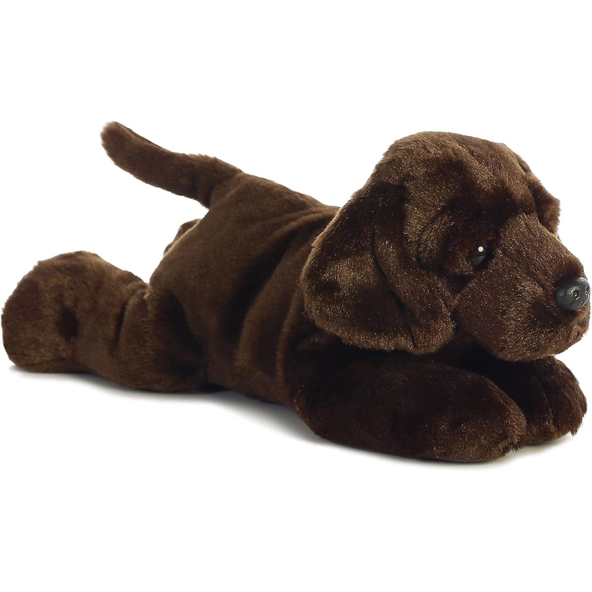 Angled front view of the 12-inch Aurora Flopsie Max Chocolate Lab stuffed animal lying down, showing his dark brown fur.