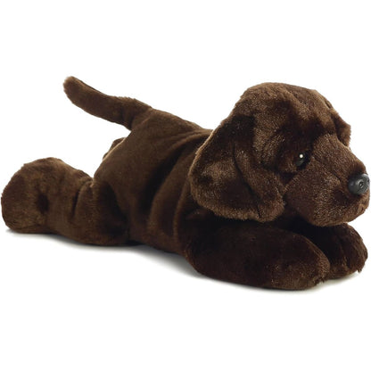 Angled front view of the 12-inch Aurora Flopsie Max Chocolate Lab stuffed animal lying down, showing his dark brown fur.