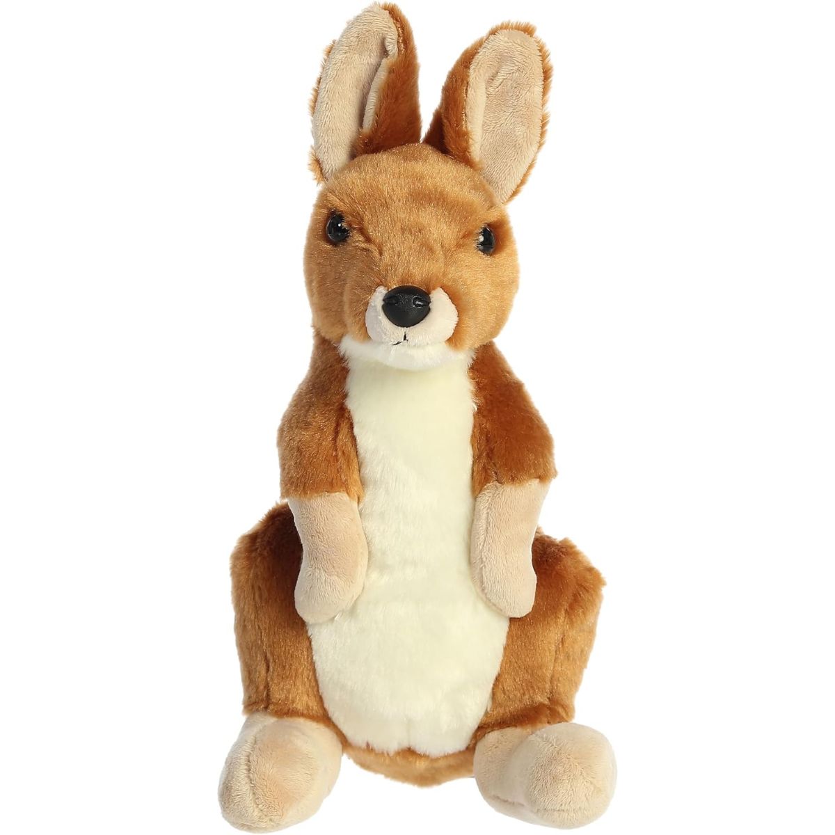 Straight-on front view of the soft kangaroo plush showing its perky ears, dark eyes, and small front paws held close to its chest.
