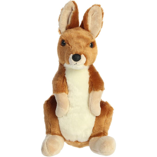Straight-on front view of the soft kangaroo plush showing its perky ears, dark eyes, and small front paws held close to its chest.