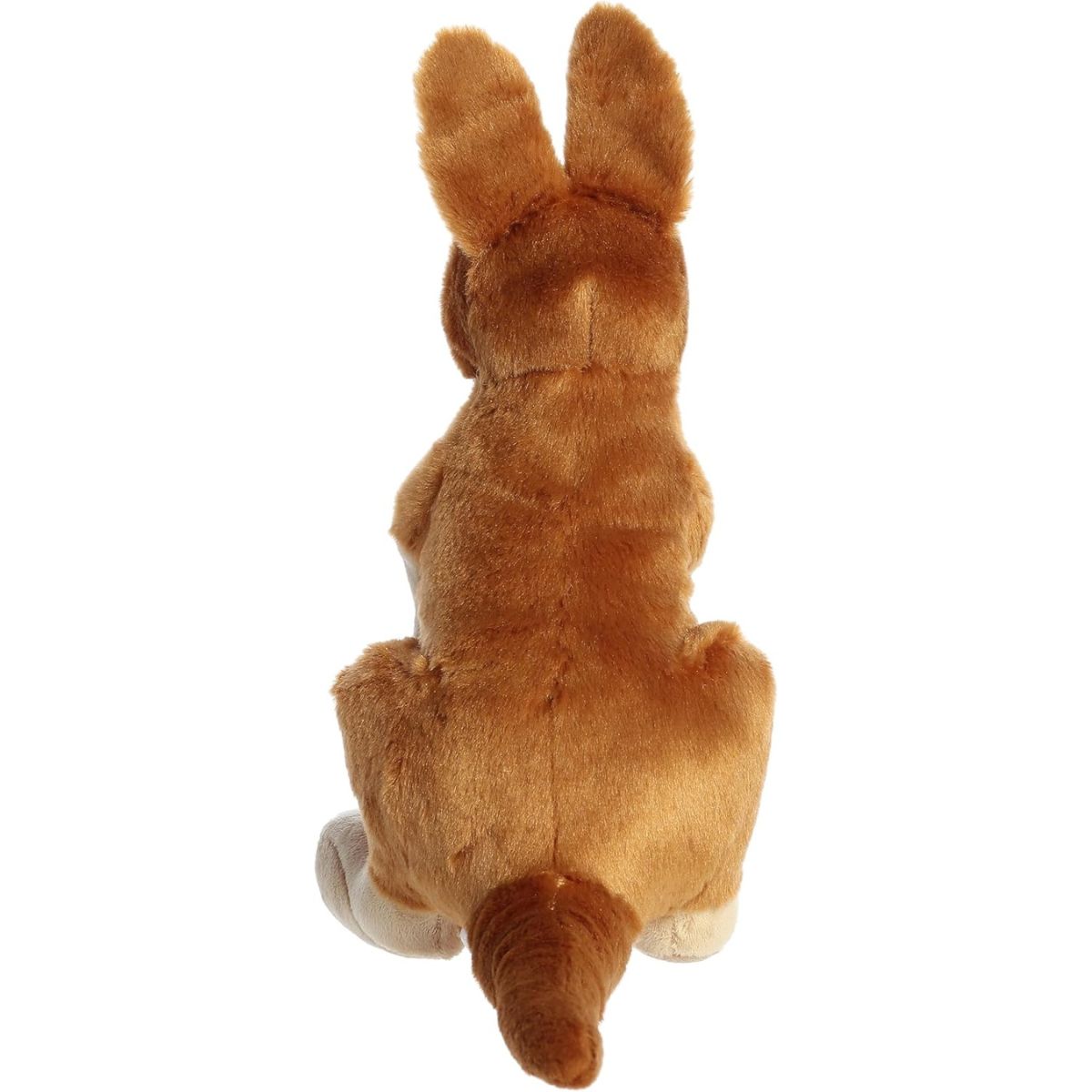Direct back view of the cuddly kangaroo stuffed animal highlighting its brown back and long tail resting on the ground.