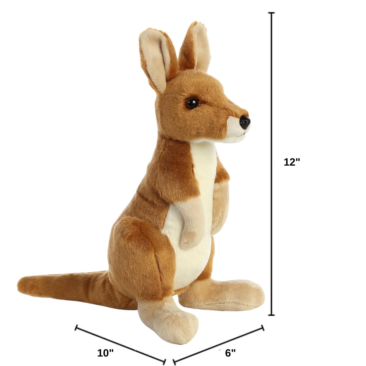 Angled side profile of the kangaroo plush sitting upright with measurement graphics indicating it is 12 inches tall, 6 inches wide, and 10 inches deep.