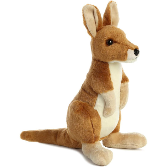 Angled side profile of the 12-inch Aurora Flopsie Kangaroo stuffed animal sitting upright, showing its brown coat and cream belly.