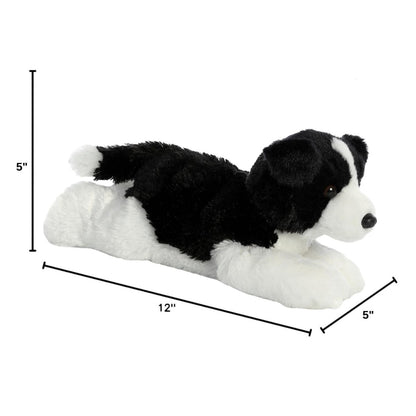 Angled side profile of the Border Collie plush resting on its tummy with measurement graphics indicating it is 12 inches long.