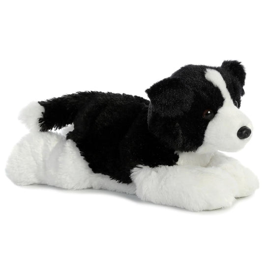 Angled front view of the 12-inch Aurora Flopsie Border Collie stuffed animal lying down, showing its black and white fur.