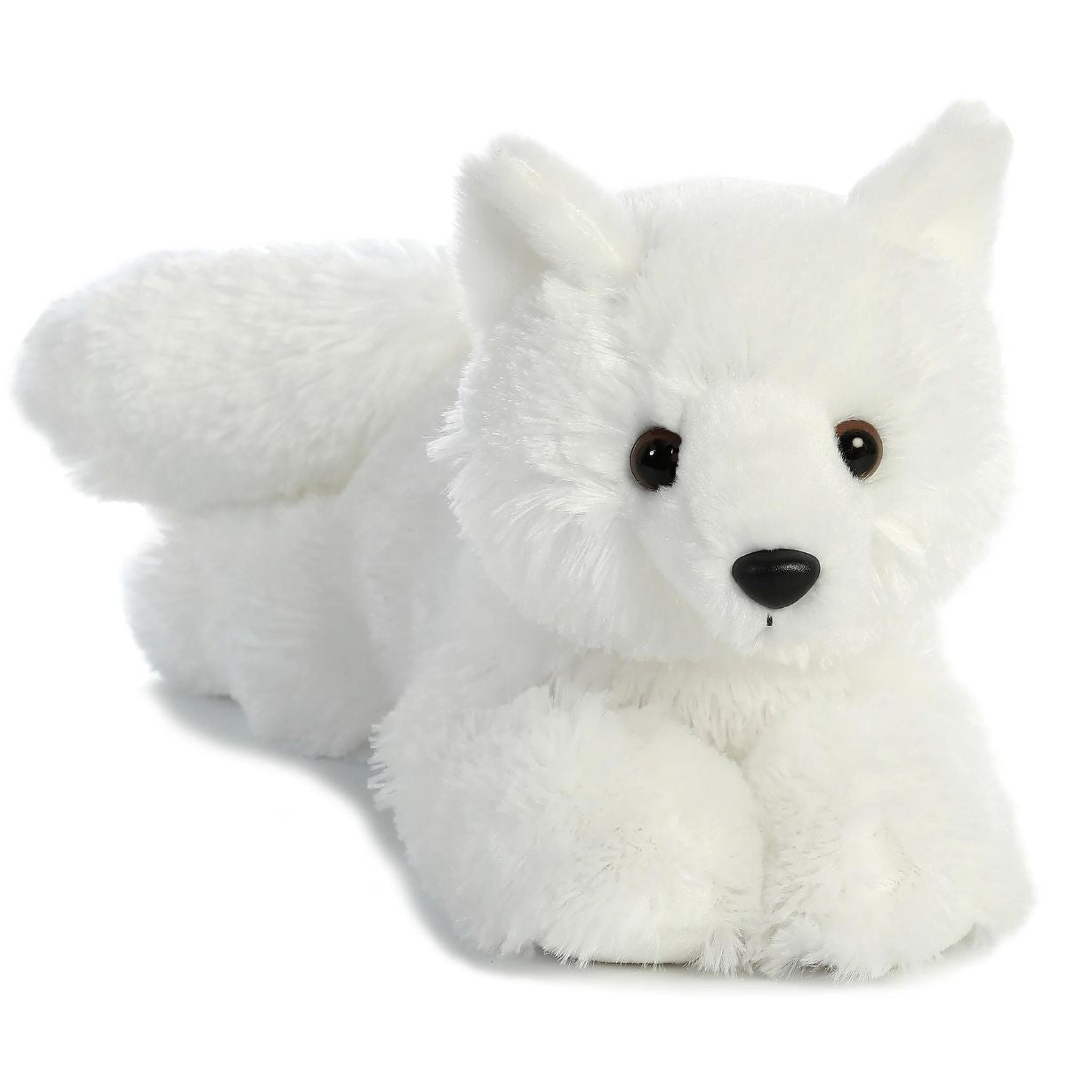 Straight front view of the white fox stuffed animal highlighting its sweet face, perky ears, and dark contrasting eyes.