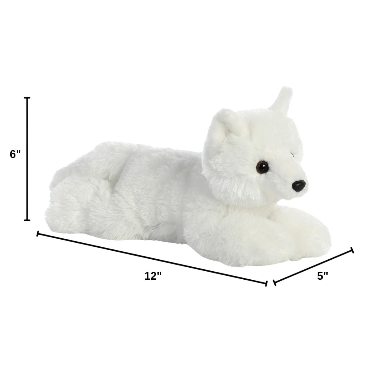 Angled side profile of the Aurora Flopsie white fox plush with dimension lines indicating its 12-inch length.