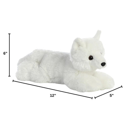 Angled side profile of the Aurora Flopsie white fox plush with dimension lines indicating its 12-inch length.