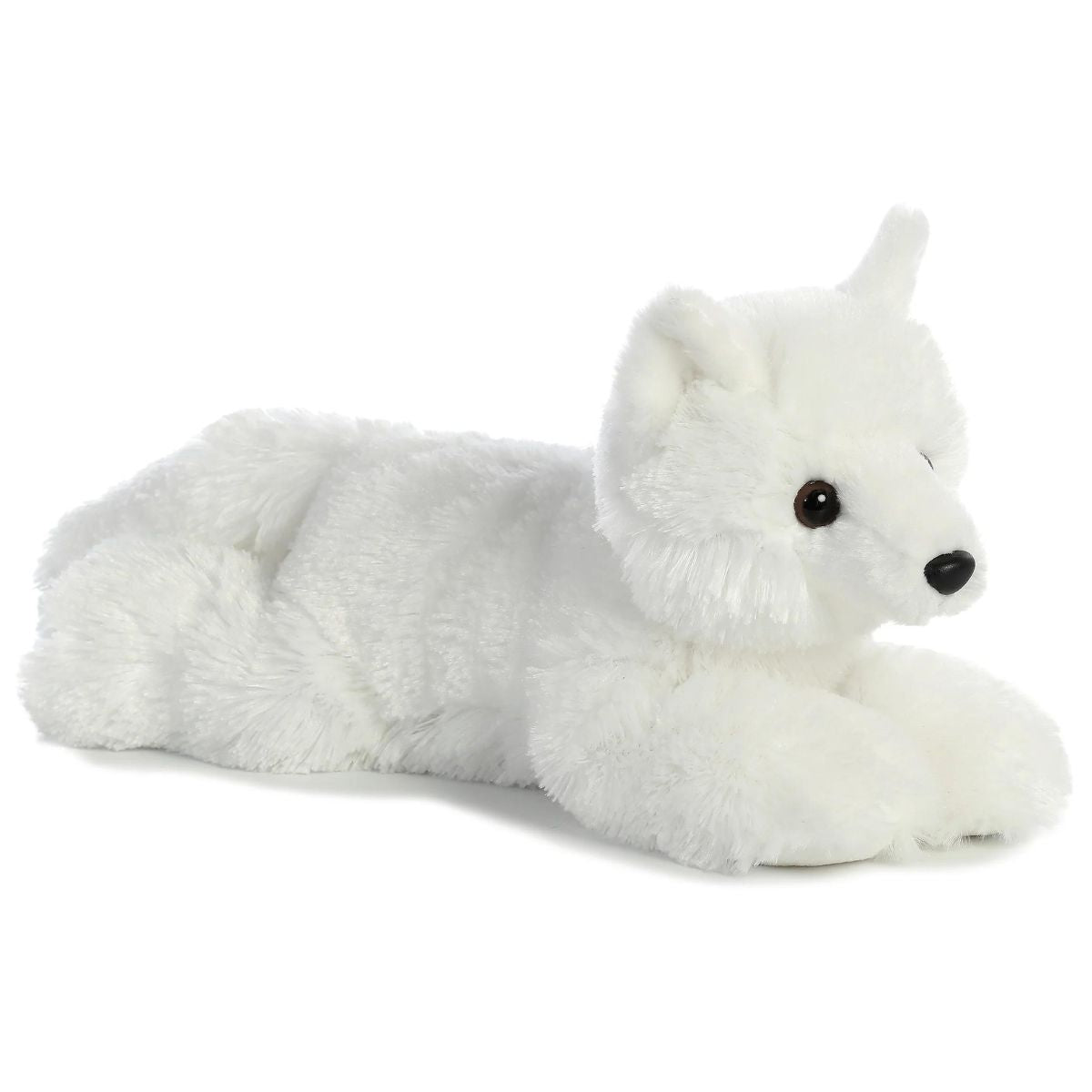 Angled front view of the Aurora Flopsie Arctic White Fox 12-inch plush resting on its belly, featuring fluffy white fur and a black nose.